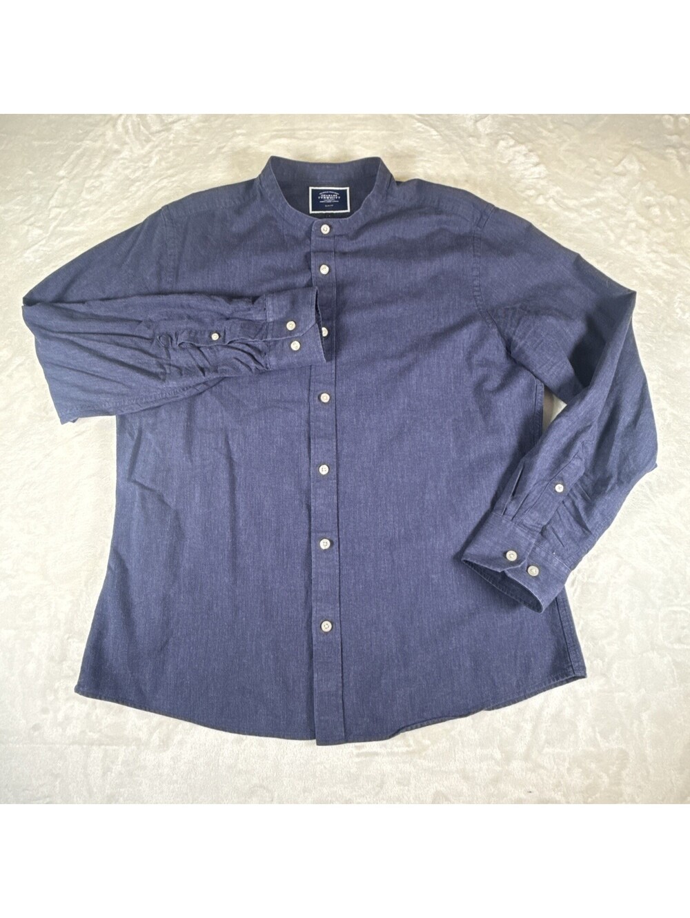 Charles Tyrwhitt Men's L Dark Blue Slim Fit Linen Dress Shirt Long Sleeve